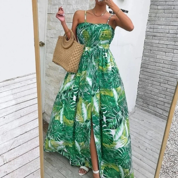 Green Boho Womens Tropical Print Shirred Split Thigh Cami Dress - Picture 1 of 5